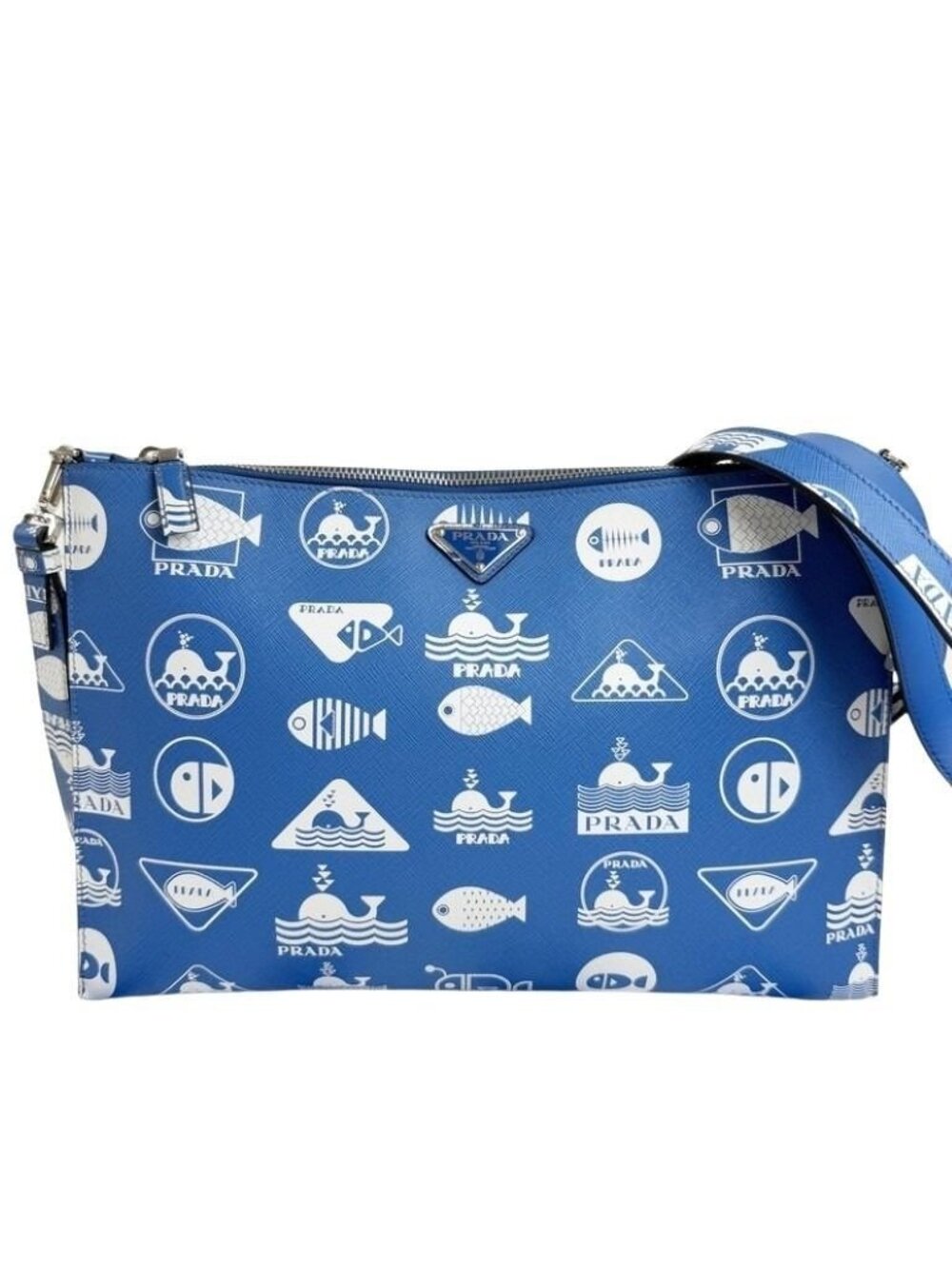 Prada Shoulder Bag Triangle Logo Blue White Saffiano Leather 2-Way Marine